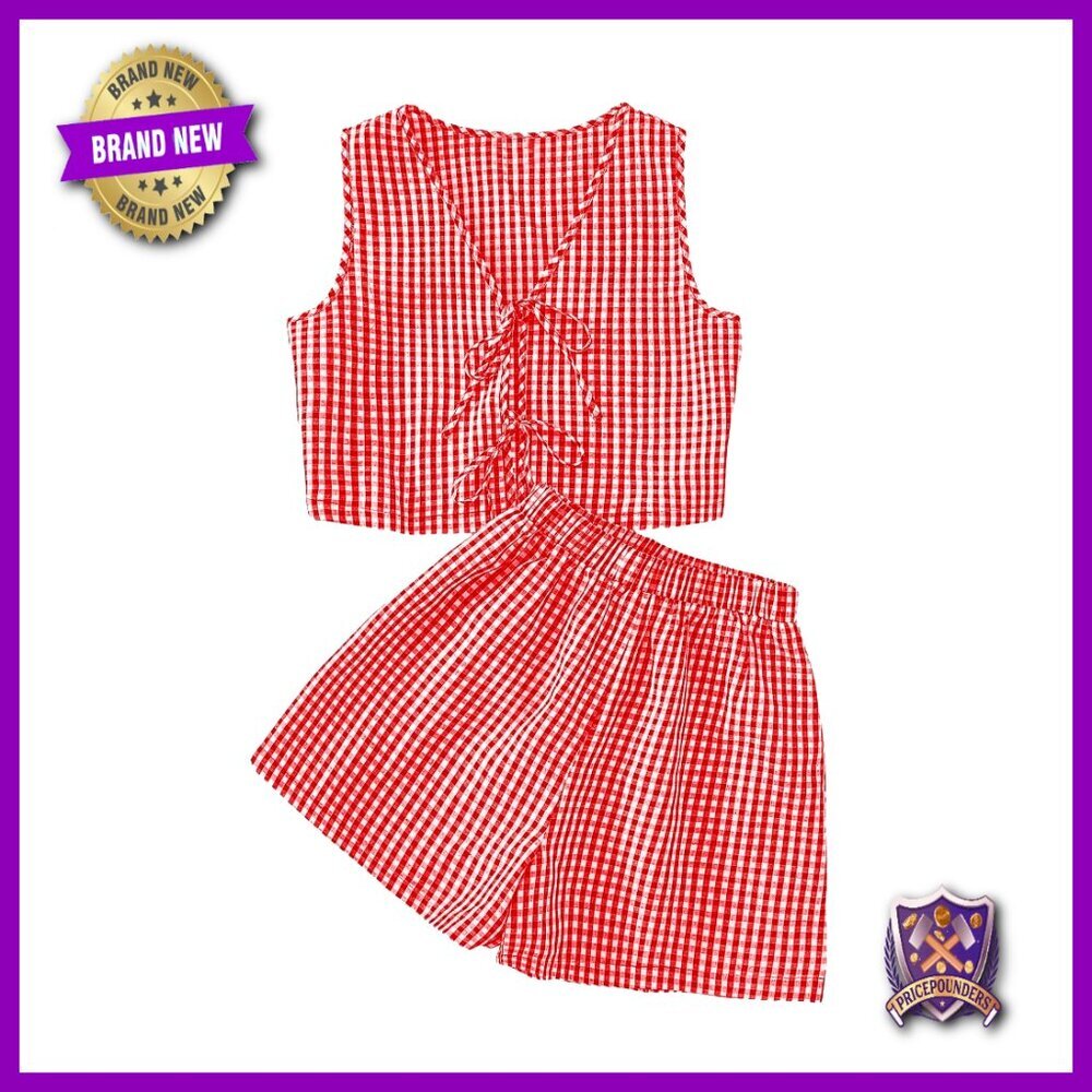 Plaid Print Two Piece Set Sleeveless Tie Front Tank Top Vest Shorts Romper